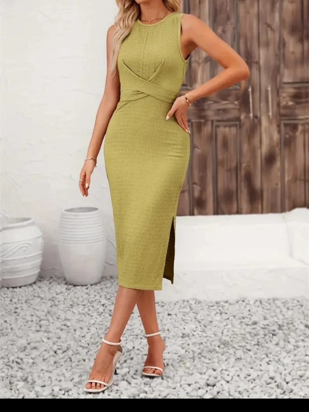 Sleeveless Twist-Front Olive Midi Dress